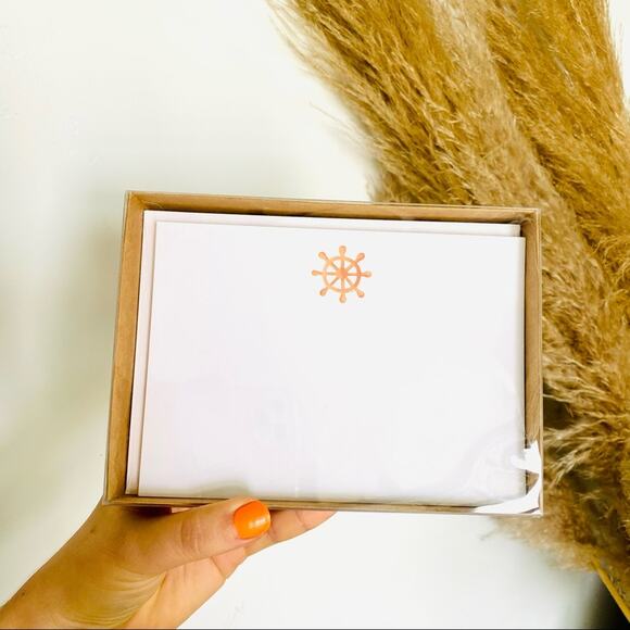 NEW ANTHROPOLOGIE White Tan Illustrated Sail Wheel Nautical Card Notecards s/10 - Picture 1 of 4